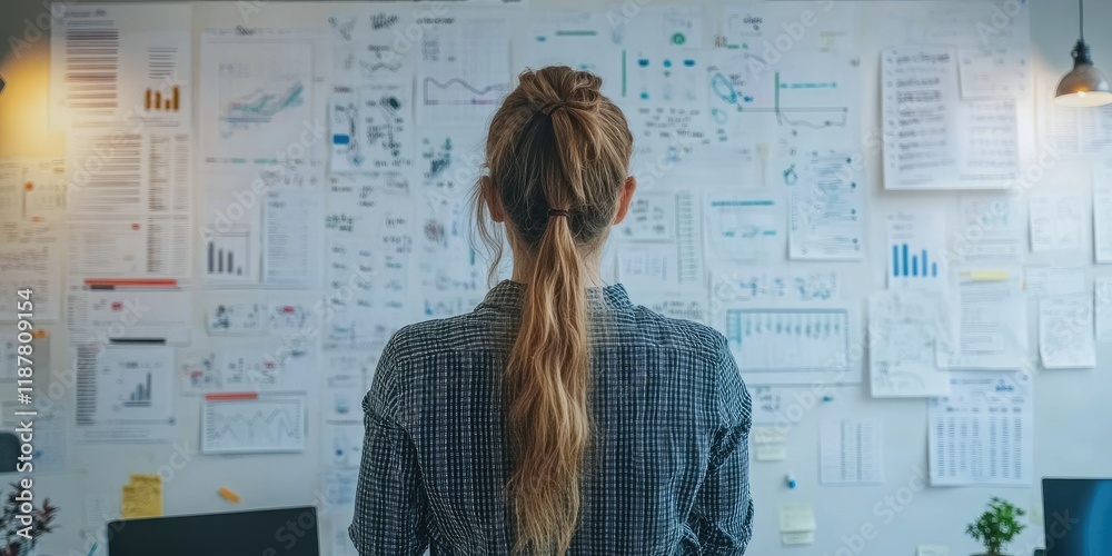 Poster a corporate strategist engages in brainstorming for new ideas at a large whiteboard filled with char