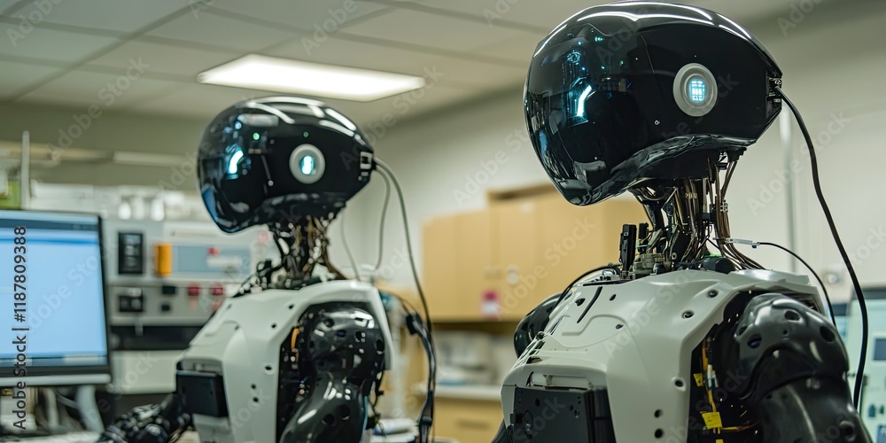 Poster an advanced cybernetics research laboratory housing sophisticated robotic prototypes, where scientis