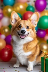 Cheerful Corgi Surrounded by Colorful Balloons and Gifts
