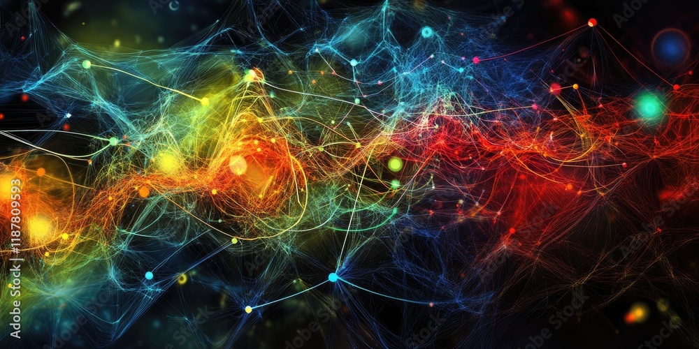 Poster An abstract design of interconnected lines and data nodes that represent online marketing strategies and tech networking.