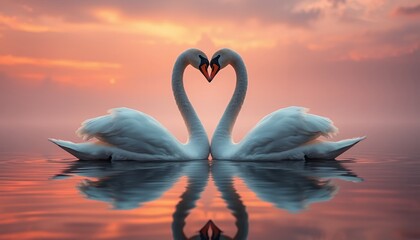 Fototapeta premium Romantic two swans forming heart shape on tranquil lake at sunset, vibrant nature-inspired generative AI