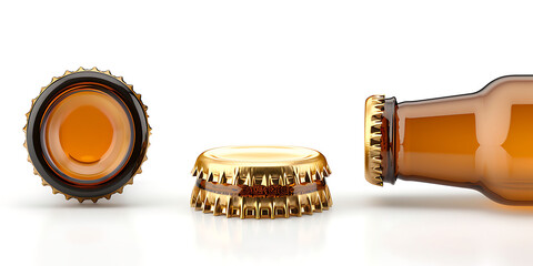 Close-up of brown glass beer bottle with cap removed lying beside it showcasing amber liquid inside