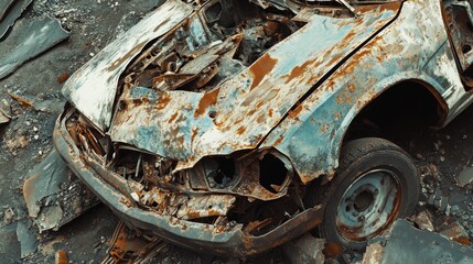 Fototapeta premium Apocalyptic urban remnants, damaged vehicle shell, broken infrastructure pieces, war-torn environment details, oxidized metal textures, isolated destruction scene, desolate atmosphere