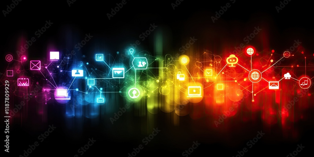Aufkleber An abstract background with glowing lines and nodes linking business icons and data points, highlighting online communication.