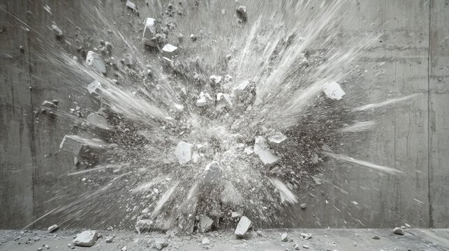 Impact crater detail, exploding concrete wall, dynamic particle dispersion, radiating fracture lines, suspended debris fragments, high contrast destruction, realistic material break