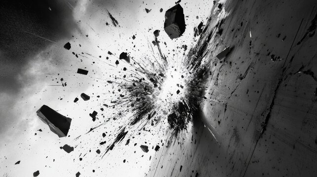 Impact crater detail, exploding concrete wall, dynamic particle dispersion, radiating fracture lines, suspended debris fragments, high contrast destruction, realistic material break
