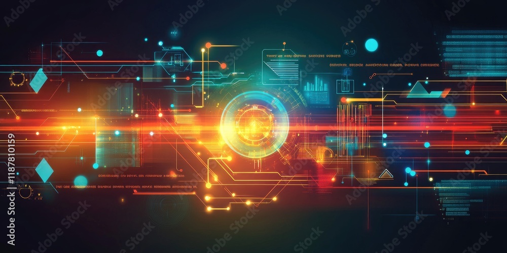 Aufkleber An abstract background with glowing lines and nodes linking business icons and data points, highlighting online communication.