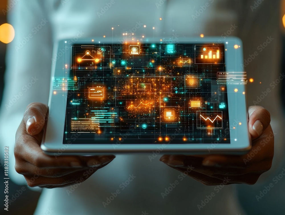 Poster a person holds a tablet displaying a holographic interface with data analytics and network connectio