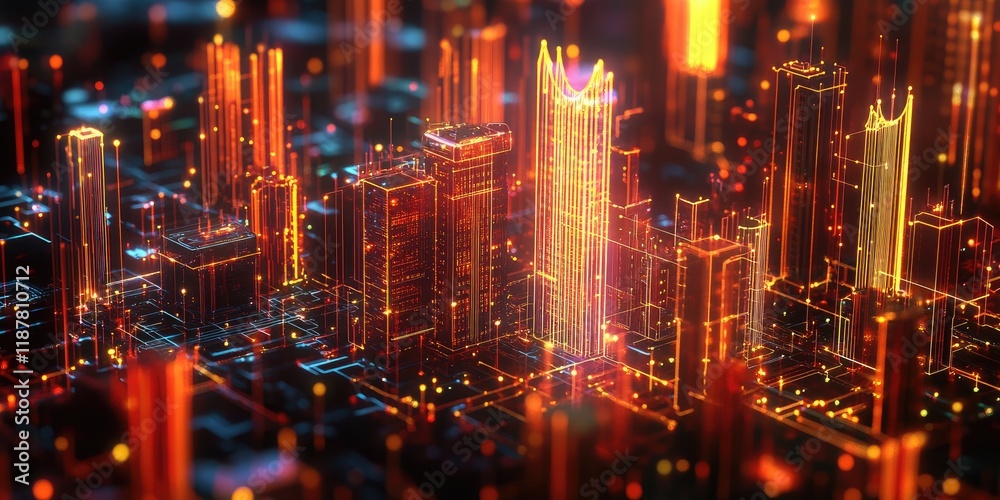 Aufkleber an abstract digital representation of a cityscape with glowing lines that connect various buildings,