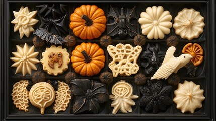 Halloween-themed assortment of elegant sweets in a black box.