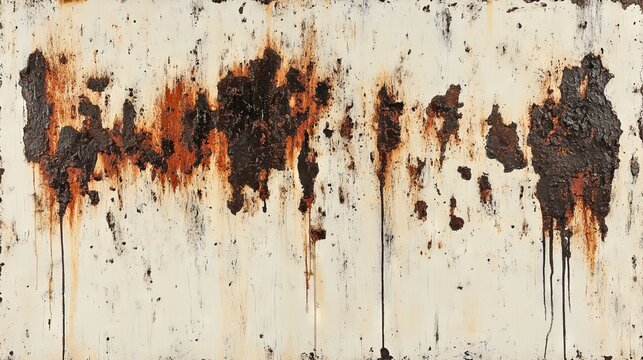 distressed metallic wall texture, red oxide stains on white surface, industrial deterioration, vertical rust streaks, weathered metal patina, detailed corrosion marks, textural complexity