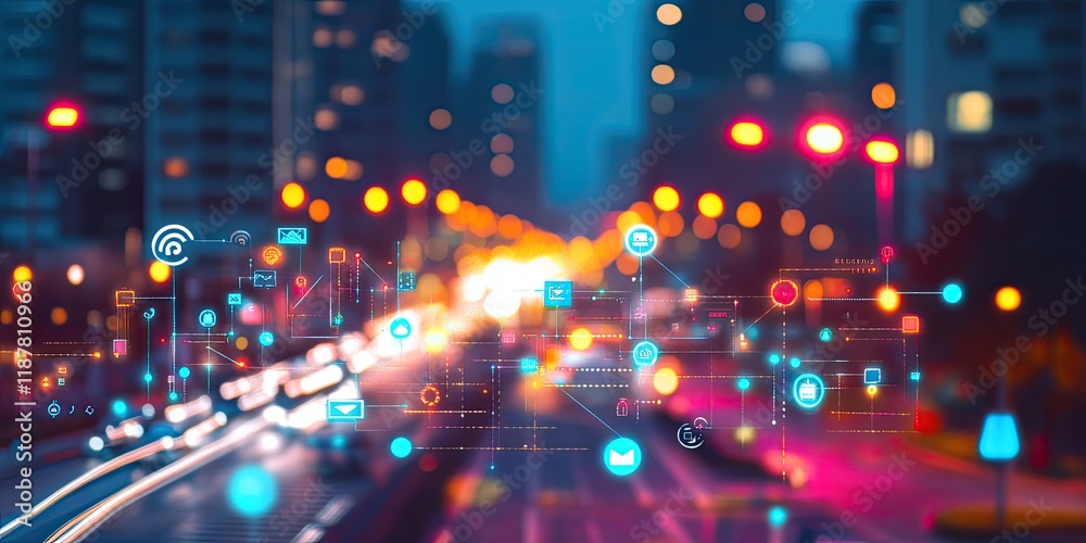 Poster a blurred urban background featuring vibrant lines and icons linking individuals and devices, showca