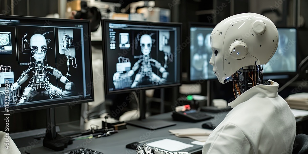 Poster a high-tech cybernetics workshop that develops robotic enhancements while scientists test advanced f