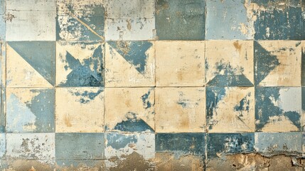 distressed ceramic tile panorama, antique patchwork patterns, weathered porcelain surface, faded ornamental designs, soft blue and beige tones, traditional geometric motifs, vintage wall texture