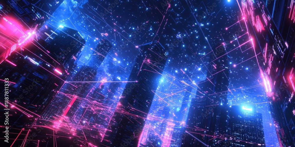 Poster A futuristic business network characterized by neon lines connecting data points throughout a city skyline, representing interconnected solutions.