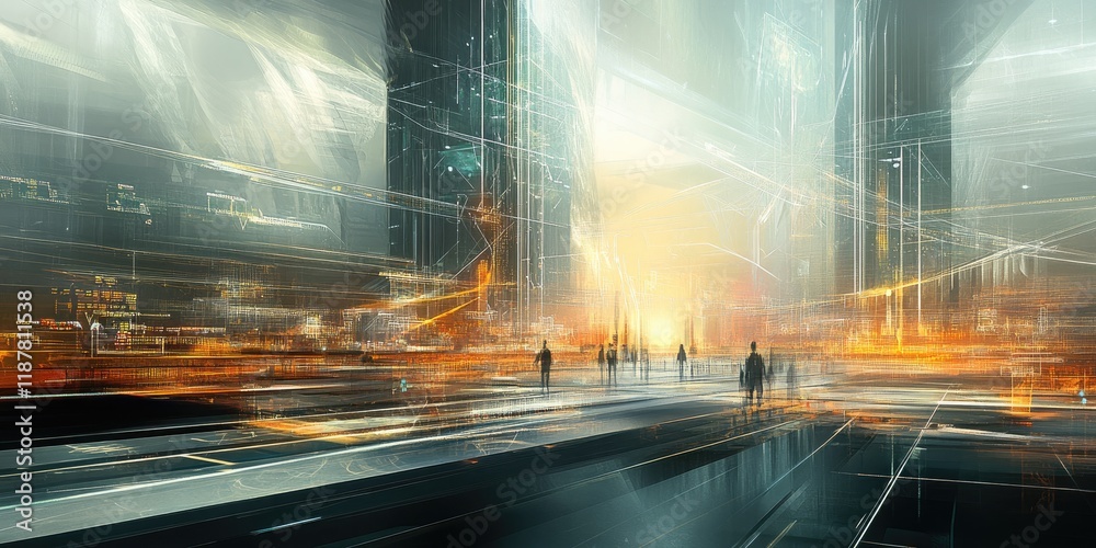 Poster A digital design concept featuring lines and data points that connect diverse elements of a smart city, evoking a futuristic atmosphere.