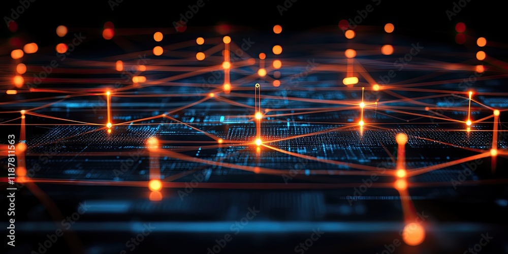 Poster an abstract tech background showcasing lines and glowing nodes linking various business icons, repre