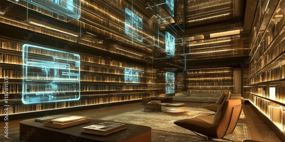 Poster a high-resolution digital library with holographic bookshelves that allow users to access informatio