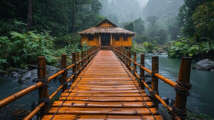 Fototapeta premium Bamboo bridge leading to a wooden house in a misty rainforest.