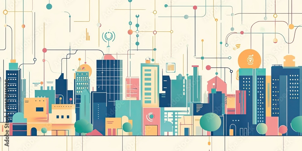 Poster a digital city network illustrated with radiant lines connecting different smart devices and buildin