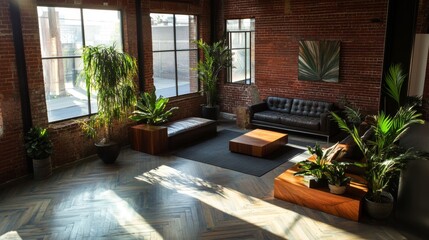 modern urban living space, gray concrete surfaces, chevron wood flooring, indoor potted plants, leather lounge furniture, red brick wall detail, sunlit interior design
