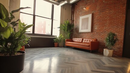 modern urban living space, gray concrete surfaces, chevron wood flooring, indoor potted plants, leather lounge furniture, red brick wall detail, sunlit interior design