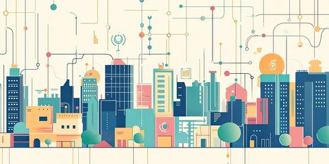 Obraz premium A digital city network illustrated with radiant lines connecting different smart devices and buildings, representing technological communication.