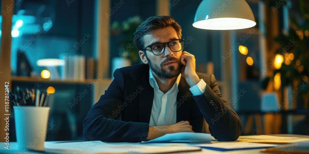 Poster A business leader preparing a strategic report, with charts and analysis documents displayed in a sleek office setting.