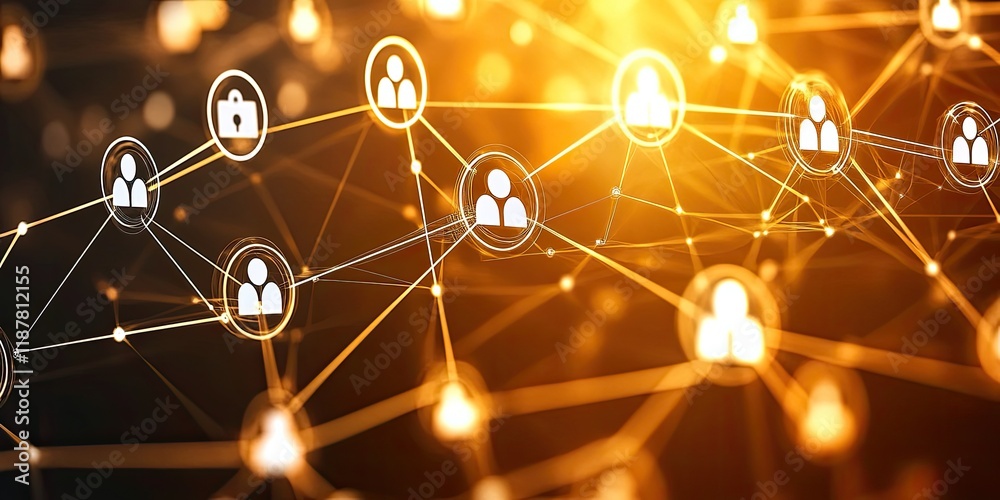 Aufkleber An abstract background with luminous lines and nodes linking business icons and data points, showcasing online communication.