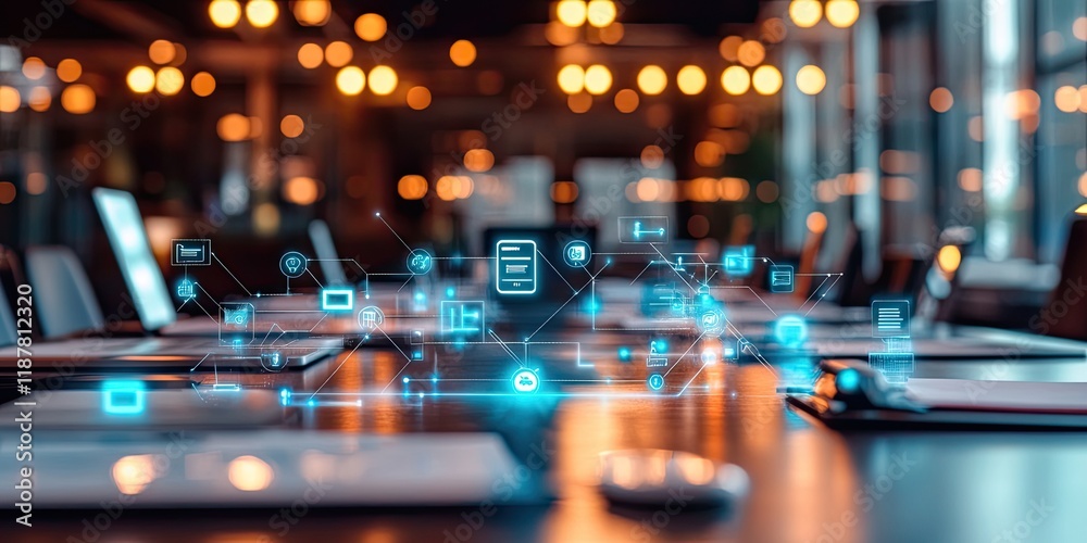 Poster a blurred business meeting background with neon lines and icons linking various tech devices, emphas
