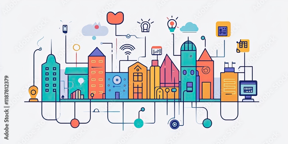 Poster a digital city network depicted with lines connecting various smart devices and individuals, represe