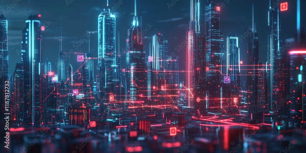 Poster a futuristic business network with neon lines connecting devices and icons across a city skyline, re
