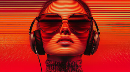 Frau mit Sonnenbrille und Kopfhörer beim Musik hören in hellroten und roten Farben. Querformat mit Platz für Text. 16:9 Format. Generative AI.