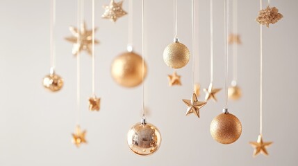Elegant golden Christmas ornaments hanging on strings, glittering stars and baubles, minimalist festive arrangement, floating decorations, white background, sparkling metallic finish, detailed
