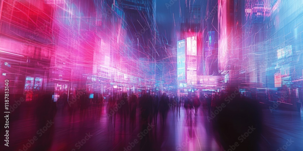 Leinwandbilder a blurred image of a city with neon lines connecting people and devices, representing digital commun