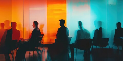 Indistinct figures at an educational seminar featuring abstract components and soft, ambient lighting.