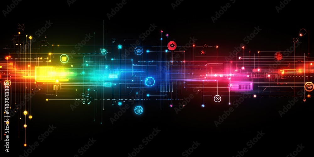 Fototapete An abstract tech background showcasing lines and glowing nodes linking business icons and data points, illustrating network communication.