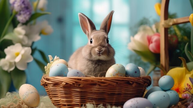 Adorable bunny in easter basket with colorful eggs and spring flowers