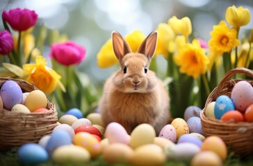 Fototapeta premium Adorable bunny surrounded by colorful easter eggs and spring flowers in a vibrant garden