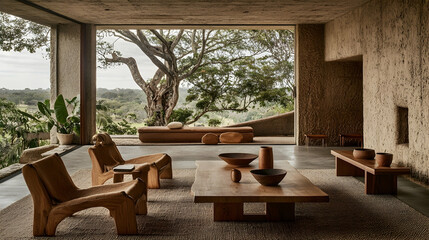 Fototapeta premium Modern minimalist living room, hilltop view, natural wood furniture, tranquil landscape, home design inspiration