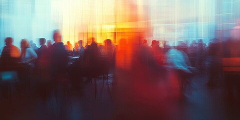 Naklejka premium Blurred image of a seminar room filled with diverse attendees, complemented by an abstract background and soft lighting.