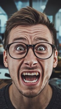Close-up of a stressed young man with glasses shouting in frustration