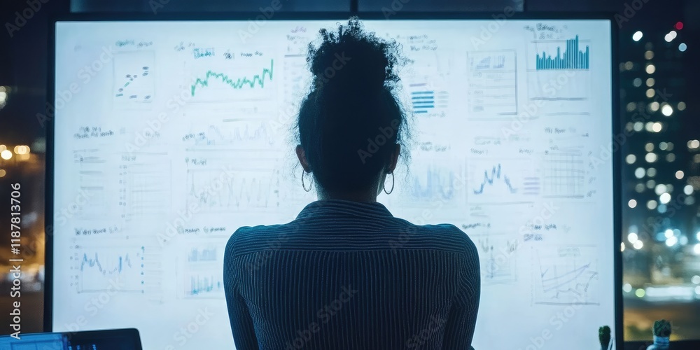 Poster A corporate strategist brainstorming new initiatives, utilizing a large whiteboard filled with charts in a creative office space.