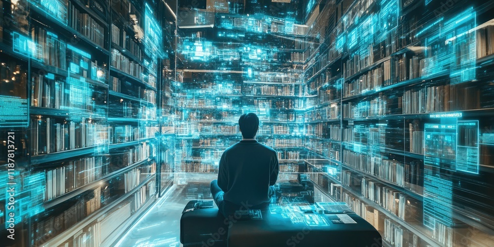 Aufkleber a high-tech digital library equipped with transparent holographic bookshelves, allowing users to acc