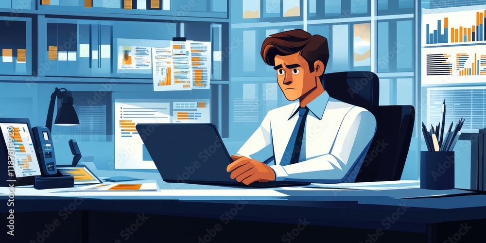 Poster A business leader analyzing data metrics, with documents and a laptop arranged on the desk in a high-tech office, maintaining a serious demeanor.