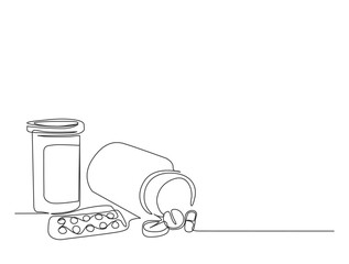 Continuous one line drawing of medicine tablet and pill. Medical drugs, vitamins, pharmacy in single line draw vector illustration. Editable stroke.