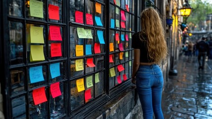 Woman reading colorful notes on a window display in a city street.