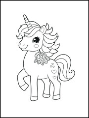 Black and White Unicorn Coloring Page for Kids. Cute, Hand-Drawn, Printable Activity Sheet with Cartoon Characters and Simple Doodles
