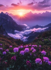 Vibrant sunrise over majestic mountains, blooming rhododendrons in foreground.