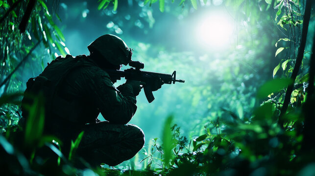soldier silhouette crouches in dense jungle, holding rifle, surrounded by lush greenery and soft light filtering through foliage, creating tense atmosphere - Powered by Adobe